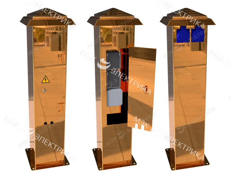 Стойка уличная с розетками из нержавеющей стали с дверцей и 4 розетками IP54 медь